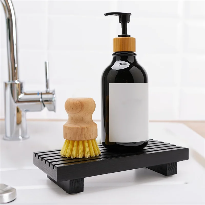 ABKS-Kitchen Counter Soap Dispenser Stand Small Bathroom Vanity Organizer Wooden Wood Display Pedestal Trays Decoration