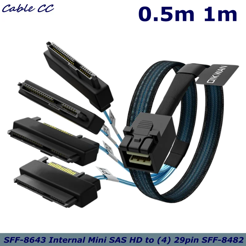

SFF-8643 Internal Mini SAS HD to (4) 29pin SFF-8482 connectors with SAS 15pin Power Port 12GB/S Cable 3.3ft(1m)