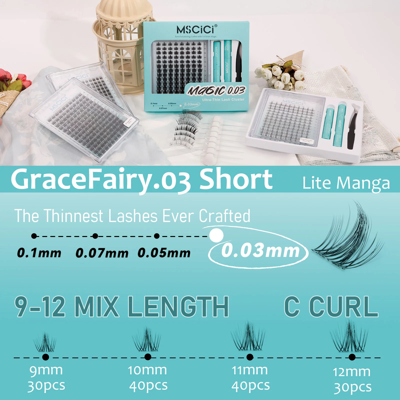 ชุดต่อขนตาแบบกลุ่ม MSCICI Short Manga - แถบติดขนตาแบบใส กาวติดขนตาแบบกันน้ำ ปราศจากน้ำยาง สำหรับดวงตาแพ้ง่าย ดีไซน์แบบมังงะ