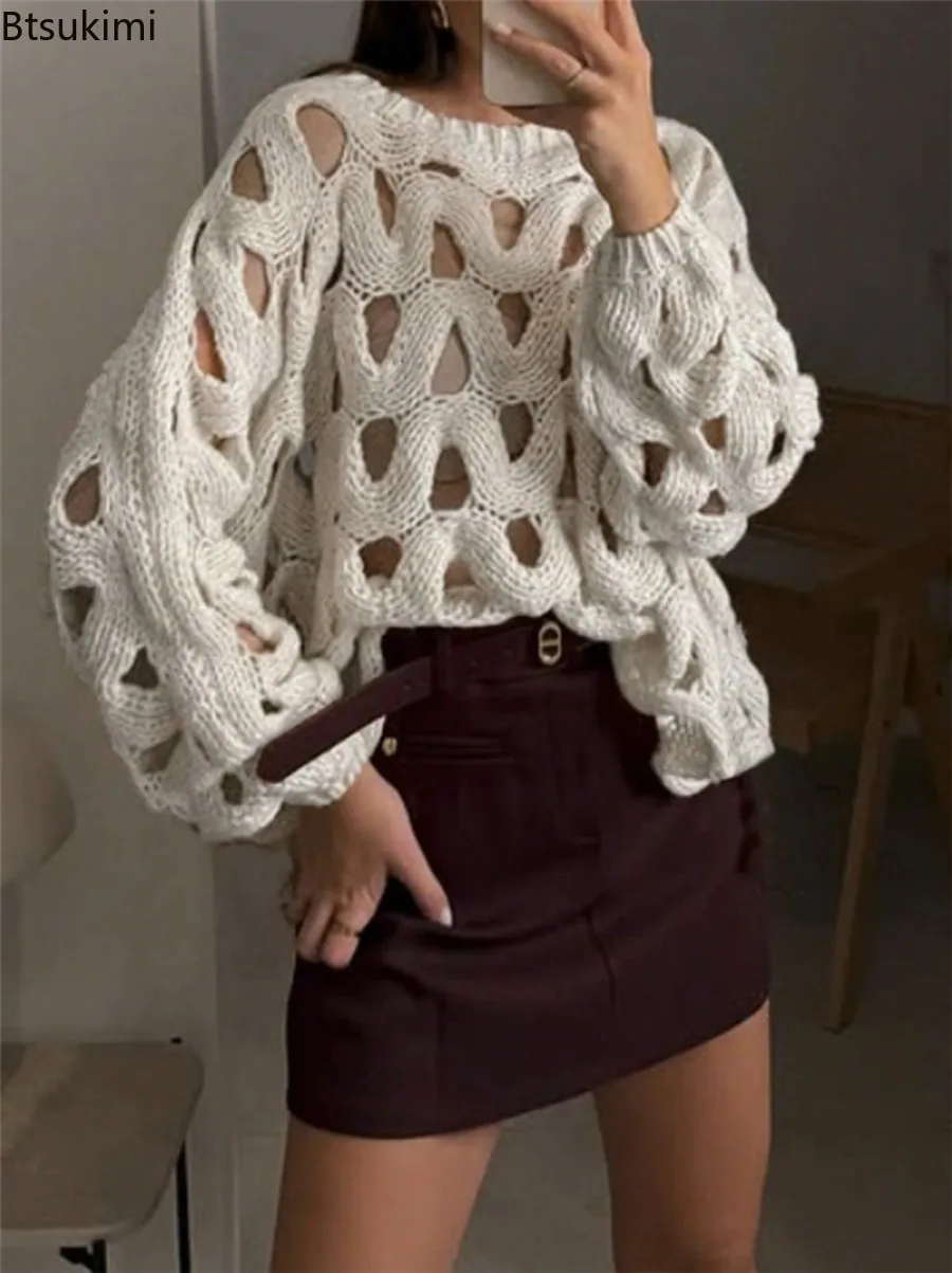 

Women's Autumn Causal Sweater Pullover Fashion Elegant O-neck Long Sleeve Loose Vacation Beach Crochet Hollow Out Knitted Tops