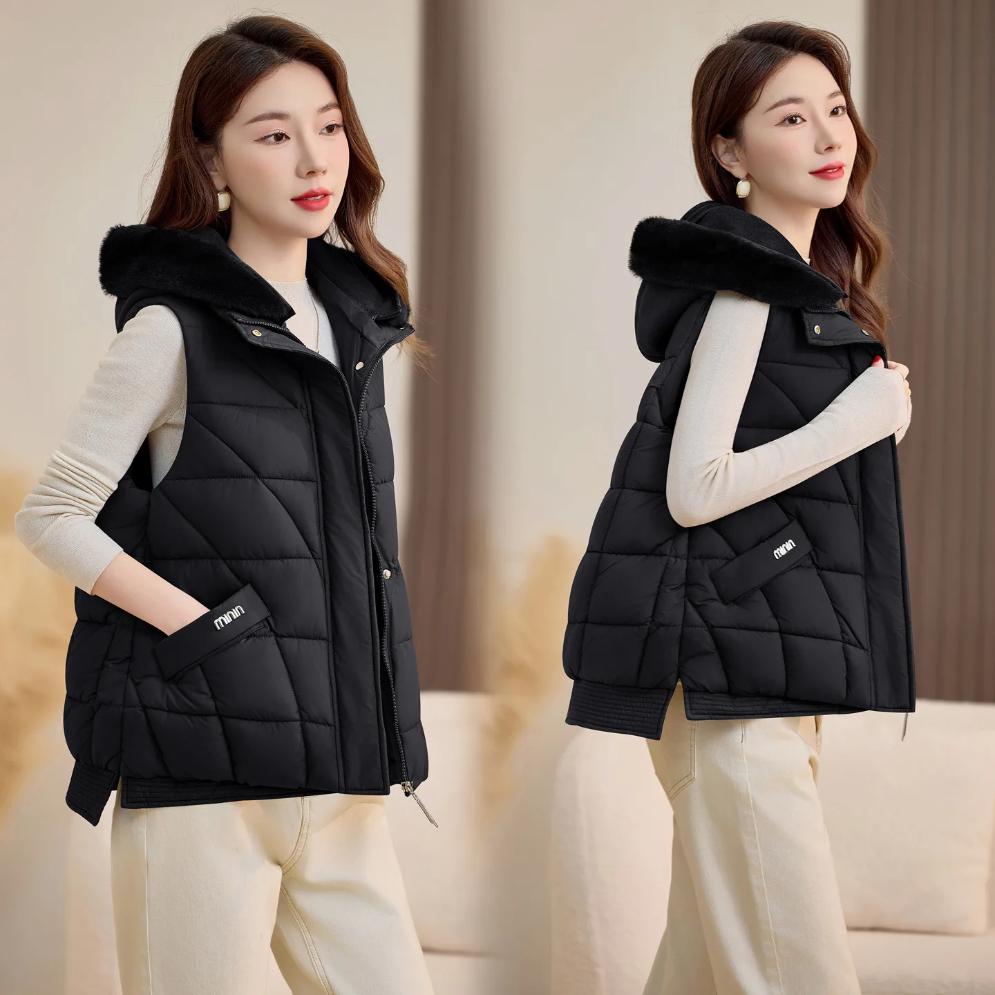 Autumn Winter Women Cotton Vest 2026 New Short Sleeveless Jacket Fashion Thicke Warm Removable Hat Cotton Vest Female Waistcoat