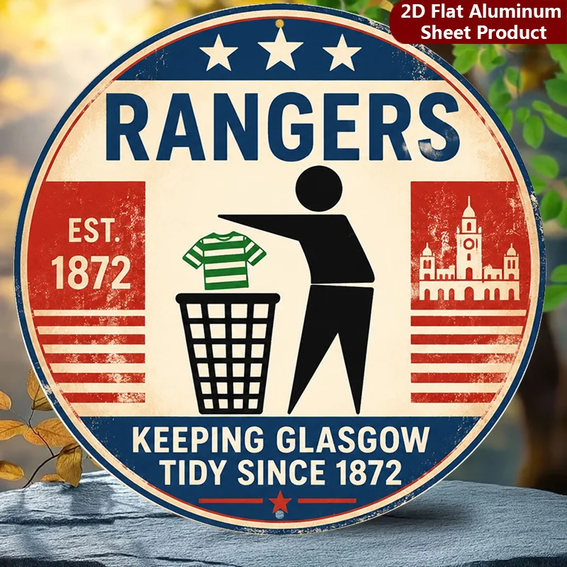 2D Flat, 1pc,Rangers Sign - 8X8 Inches,Glasgow Metal Wall Decor,Retro Decorative Sign Suitable for Garage, Cafe Decoration Or Ha