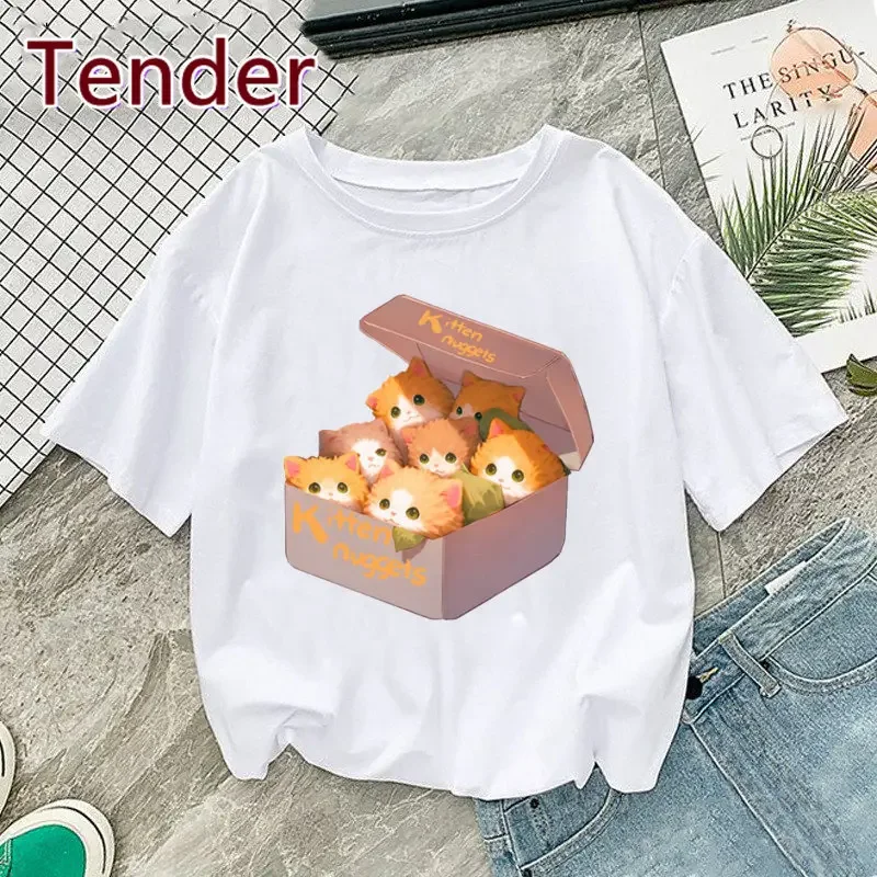 Short Sleeve T -Shirt Kitten Nuggets Print Women Summer Casual Harajuku Shirt Woman Y2k Cats Graphic Clothes Cartoon Tshirt