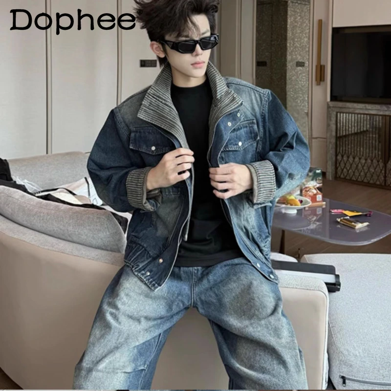 

Men's 2025 Autumn New Two-piece Sets Male Stylish Striped Denim Jackets Pants American Style Retro Trend Tooling 2pcs Denim Sets