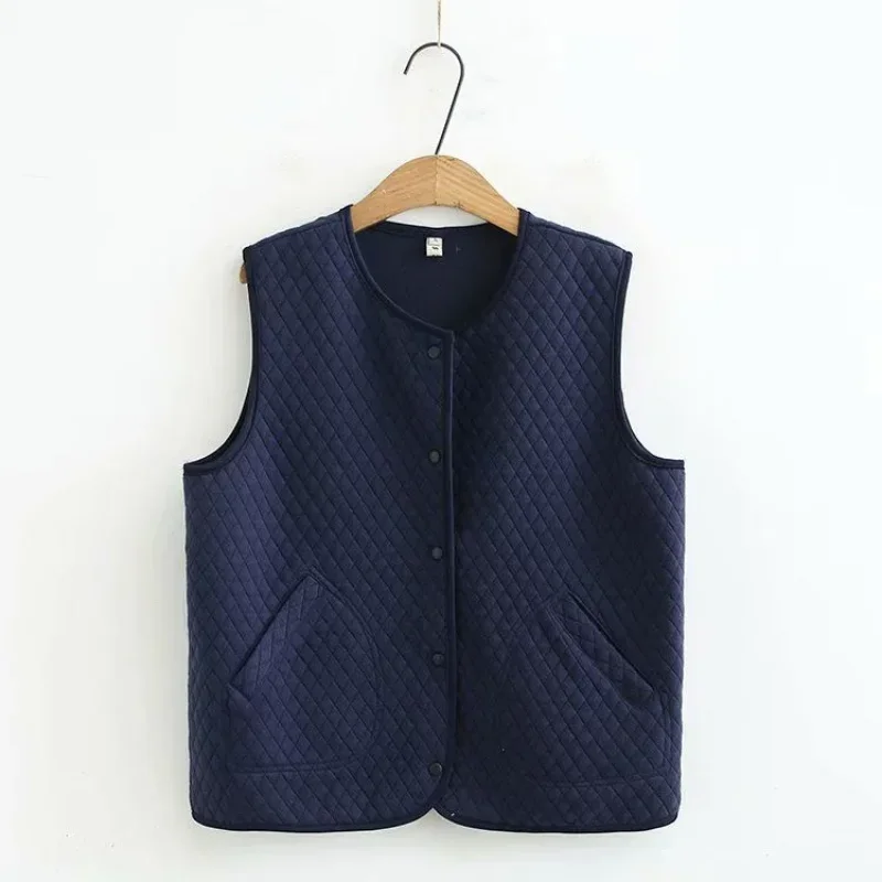 Middle Aged Women Quilted Vest Plus Size Loose Round Neck Button Down Sleeveless Gilet Spring Inner Outer Wear Casual Waistcoat