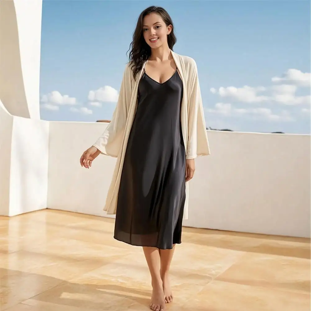 Sexy Women's Nightdress Satin Silk Slim Fit Deep V Neck Spaghetti Strap Mid-Length Chemise Sleep Loungewear