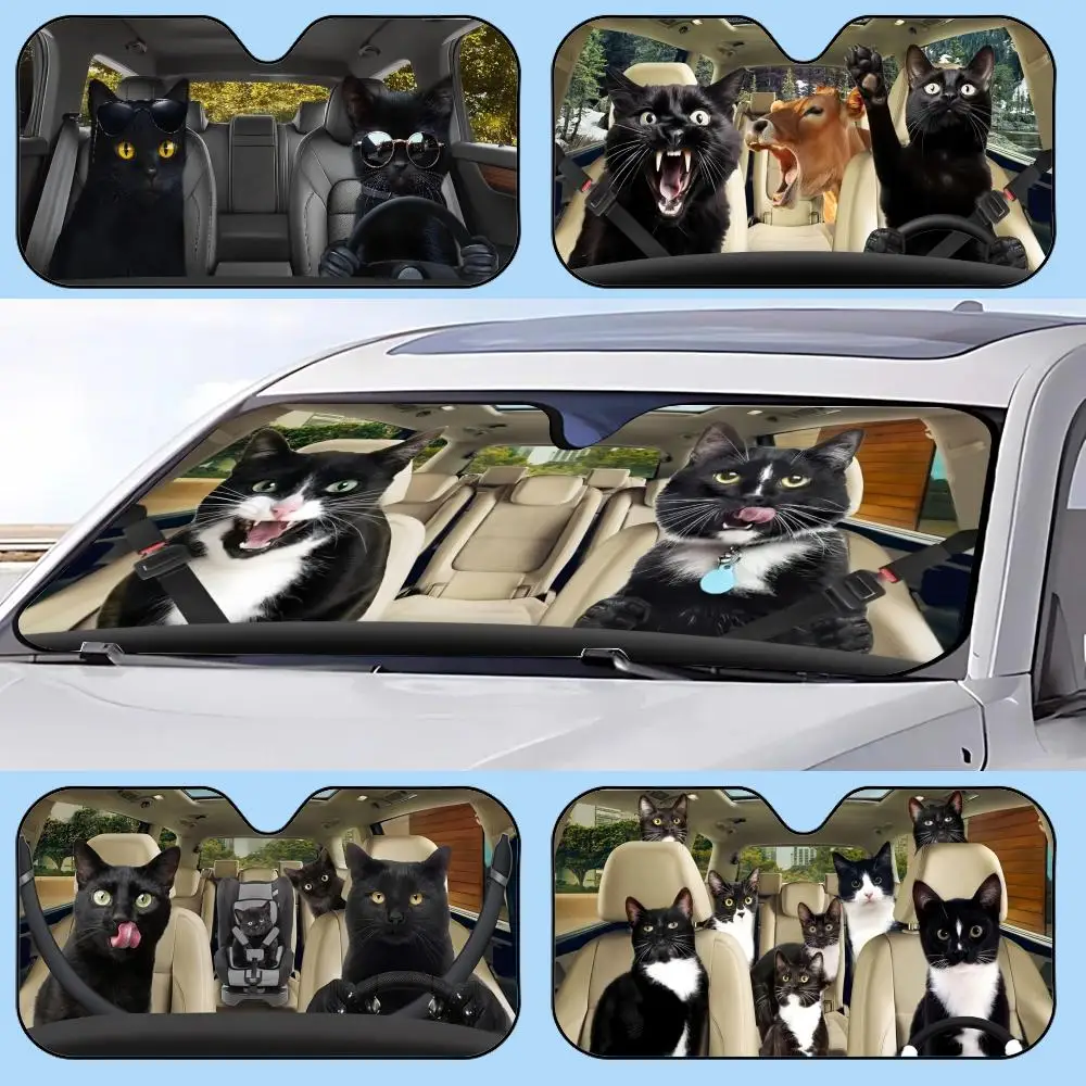 

Funny Black Cat Sun Visor Retractable Car Sun Visor Anti-Glare UV Protection Front Window Sunshade