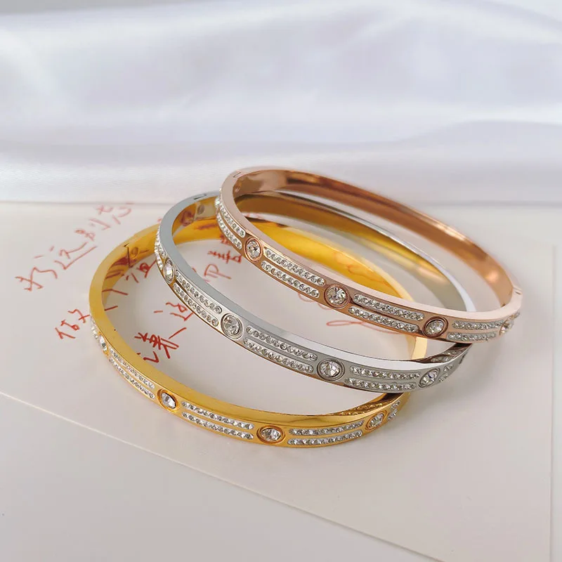 Fashion Gold Color Metal Stainless Steel Bangles For Women OL Style High Quality Transparent CZ Cubic Zirconia Bracelets