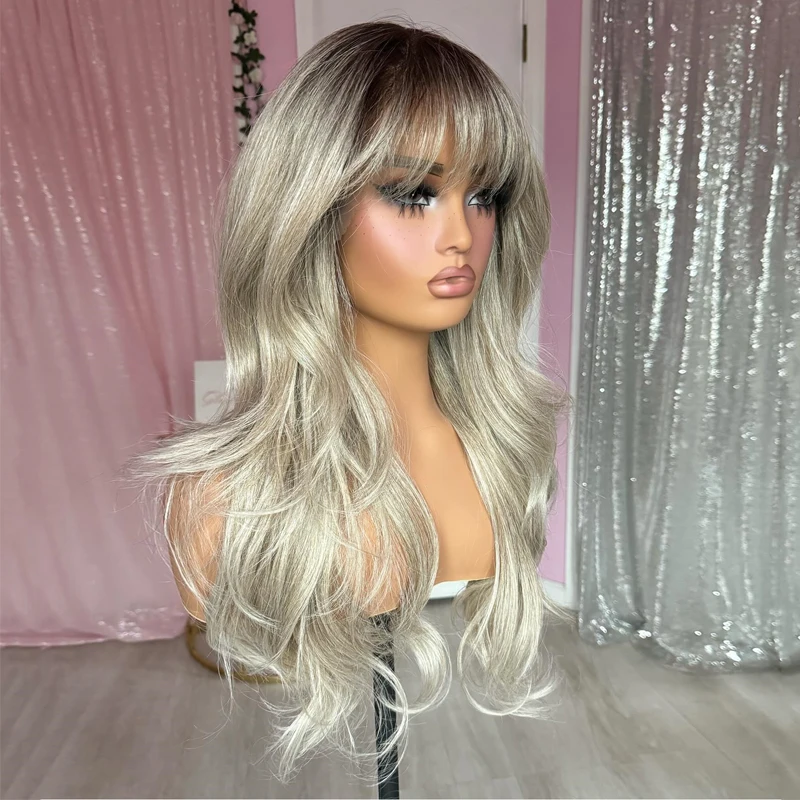

Парик омбре с эффектом ледяного блонда, свободные волны, с челкой, реалистичная линия роста волос, HD прозрачный кружевной фронтальный парик для женщин, термостойкий, для повседневного использования и косплея