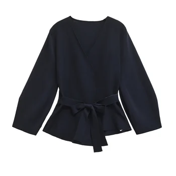 Women's Knit V-Neck Belted Blazer 2 Spring Women Shoulder Pad Belt Knit Blazer Women Retro V-neck Long Sleeve Versatile Female Coat Women Clothes 9598/128 2