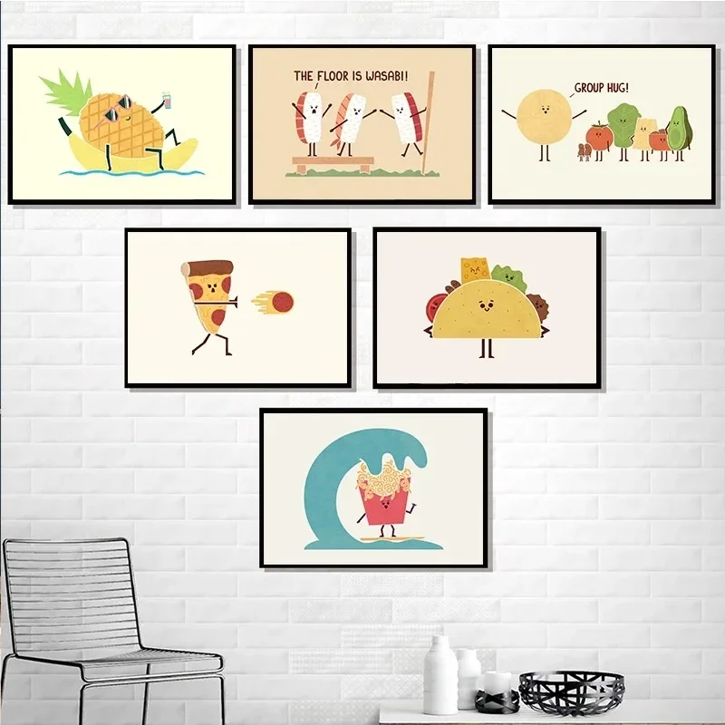 Pósteres divertidos de comida y verduras, dibujos animados, bonito Ramen, Sushi, cóctel, lienzo impreso, pintura, tienda, restaurante, cocina, cuadro de pared Decoración