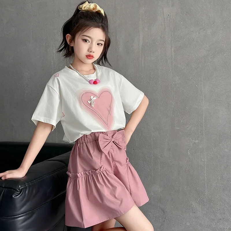 Girls Clothing Sets New Summer Sweet Short Sleeve Tops + Shorts 2Pcs Kids Outfits 6 8 10 12 14 Years Children Clothes Tracksuit