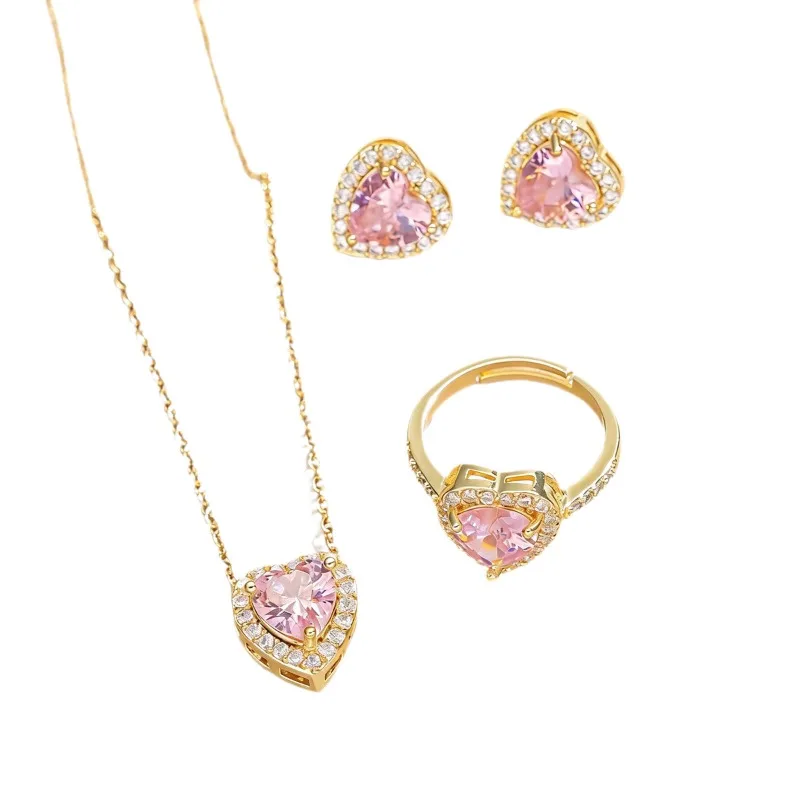 Light Luxury Pink Heart Copper Inlaid Zircon Three-Piece Jewelry Set Necklace Stud Earrings Premium Clavicle Chain Jewelry