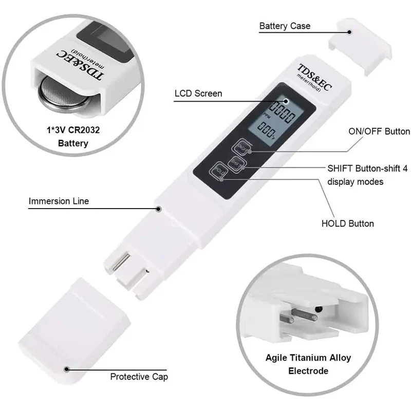 Digital Water Quality Tester TDS EC Meter Range 0-9990 Multifunctional Water Purity Temperature Meter TEMP PPM Tester