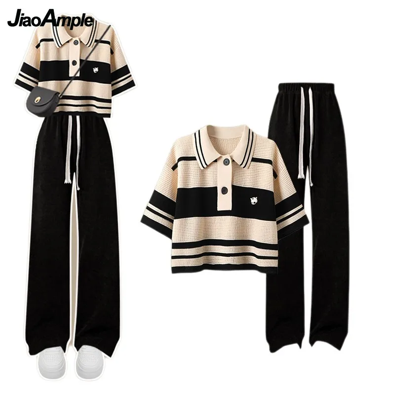 Women\'s Summer Tracksuit 2023 New Fashion Stripe Short Sleeve T-shirt+Casual Pants Two Piece Korean Elegant New Matching Set