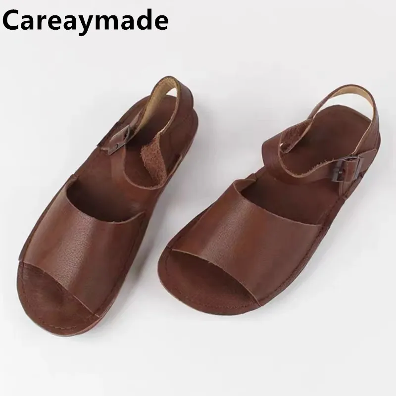 Careaymade-cabeça camada cowskin sandálias verão derme artesanal fishmouth retro mulher sapatos literários sapatos de sola plana