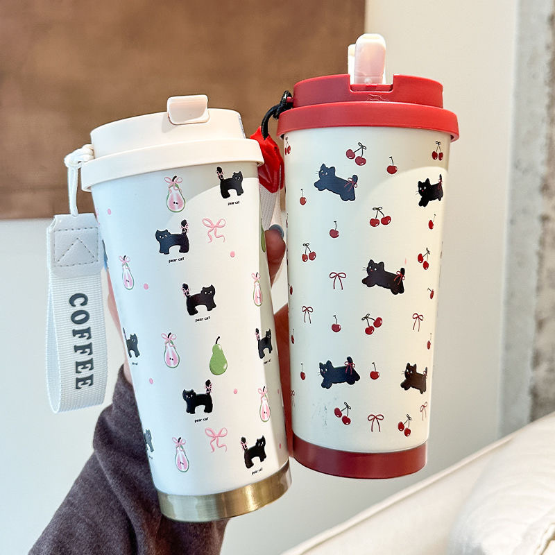  【Floral Kitten Design 550ml Dual Drink Cup Large Capacity Portable 316 Water Bottle】 