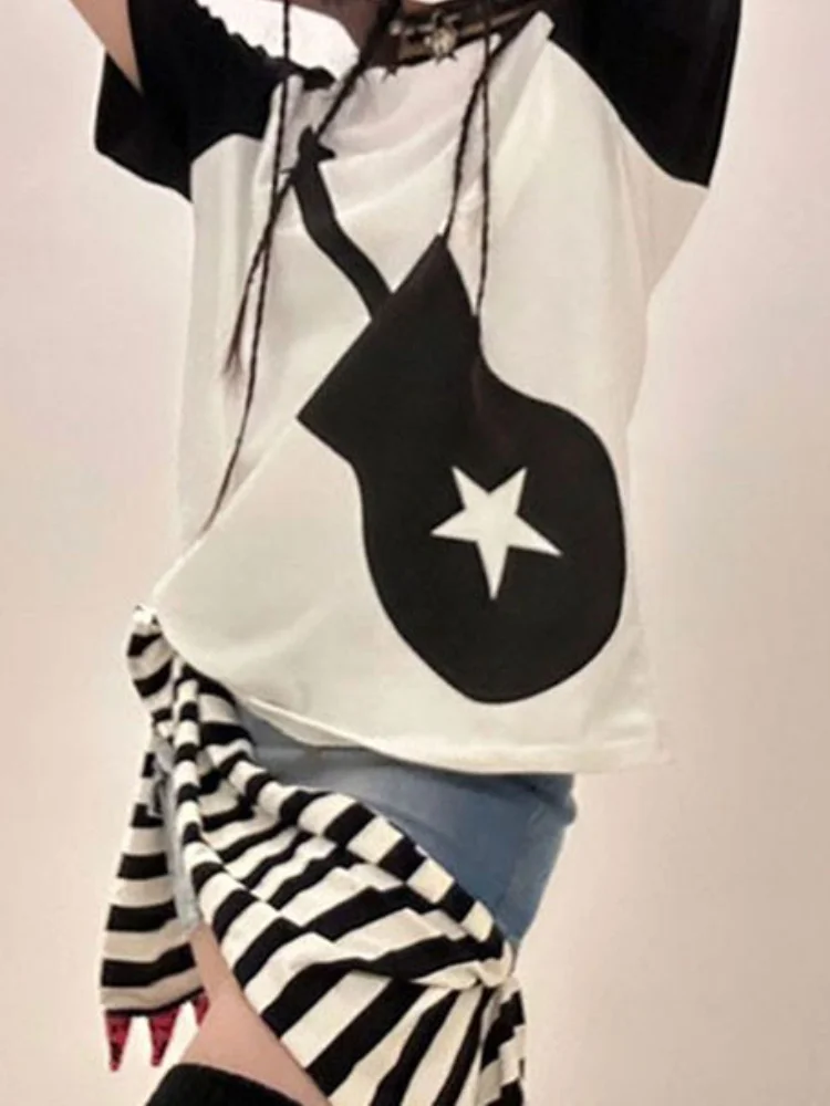 2024 Harajuku Printed Patchwork T Shirt Grunge Women Korean Fashion O Neck  Loose Tops New Y2k Aesthetic Short Sleeve Tee