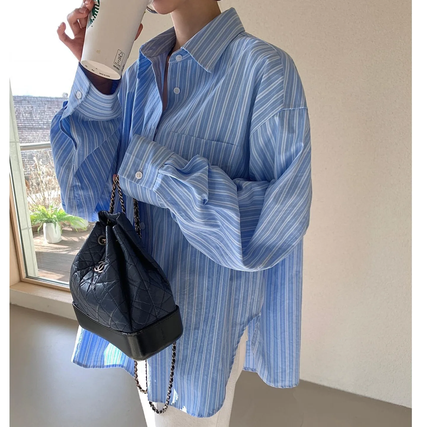 Chic Early Autumn Lazy Style Striped Loose Long Sleeve Turn-down Collar Fashionable Women's Shirt Sun Protection Outerwear