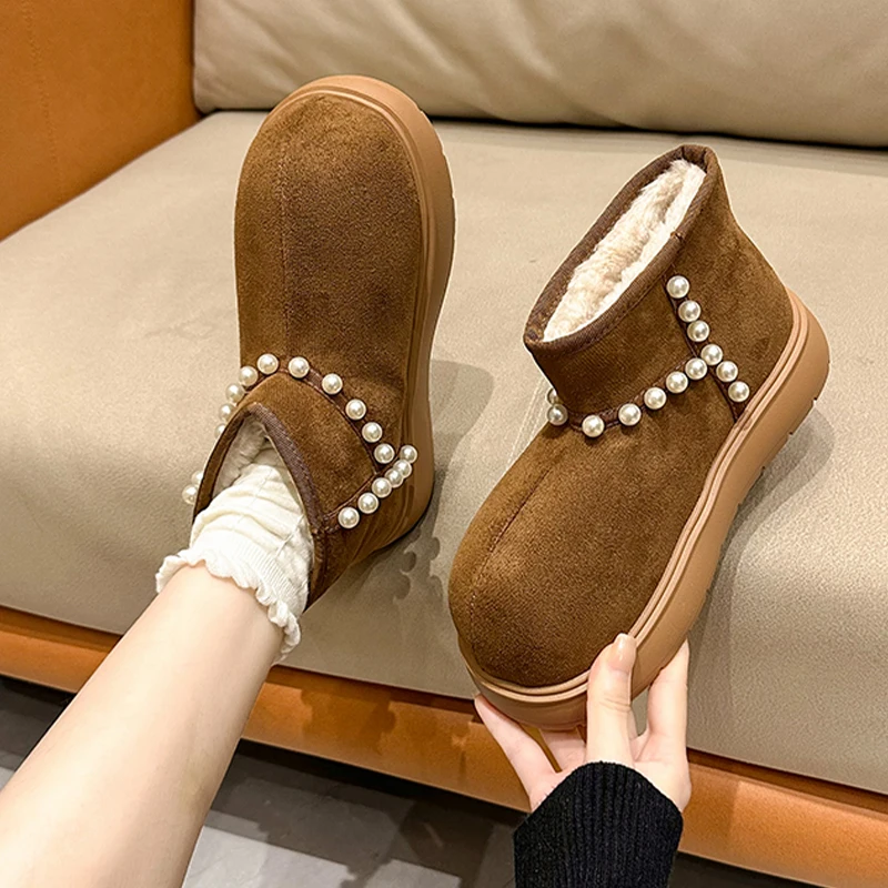 Pearl Flats Platform Women Ankle Snow Boots Casual Suede Warm Winter Shoes 2025 Trend New Fashion Sneakers Designer Botas Mujer