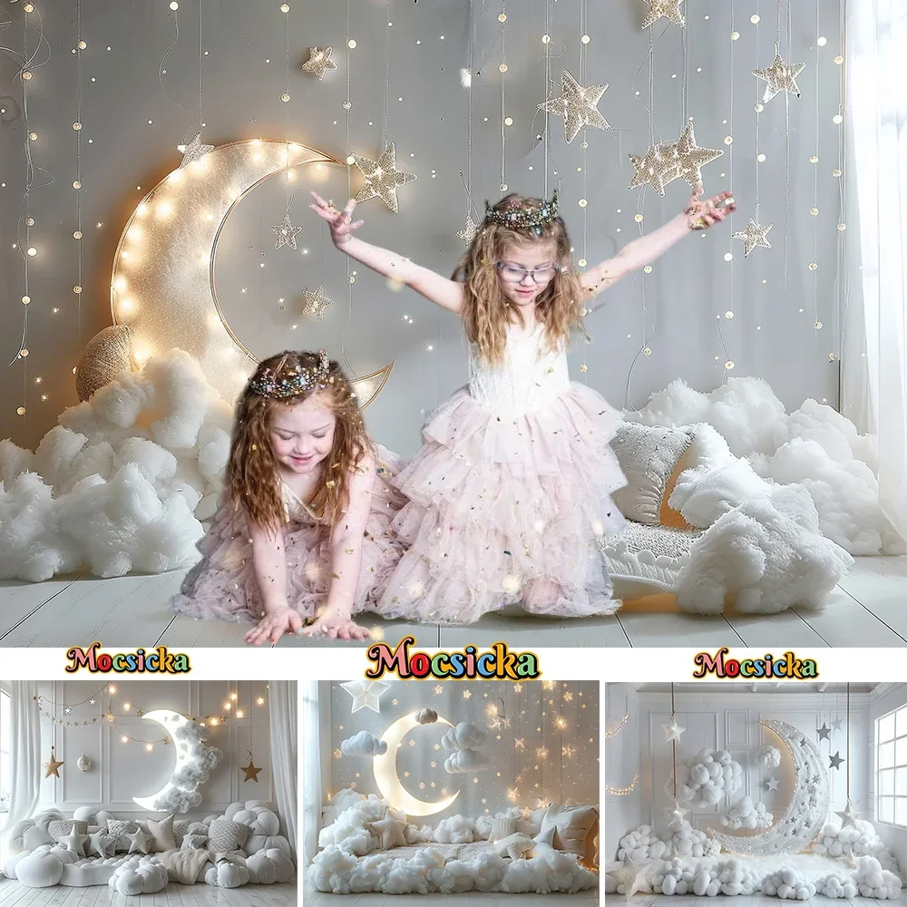 

Baby Show Photography Background Golden Twinkling Sparkling Moon Backdrop Decor Child 1st Birthday Cake Smash Photo Studio