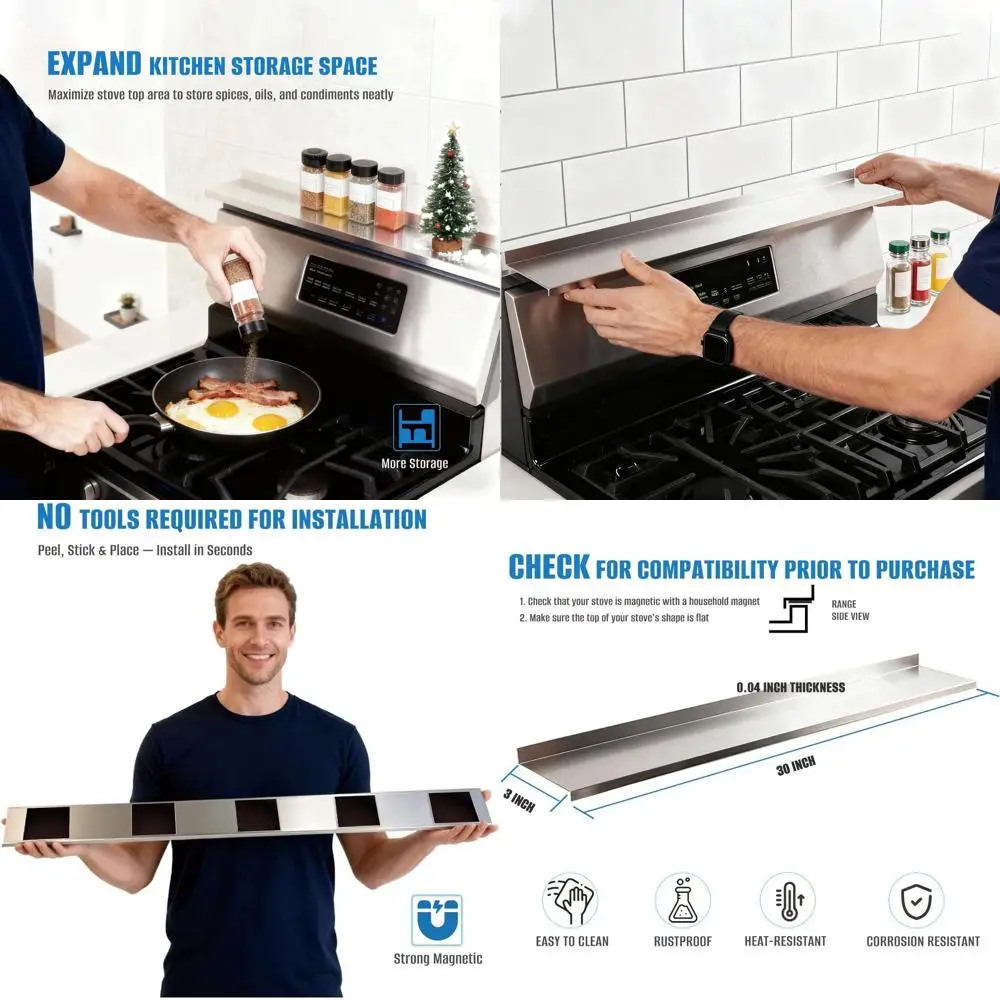 

30 Stainless Steel Magnetic Spice Rack, Kitchen Stove Organizer, Space-Saving Solution, Easy Install, No-Drill Needed