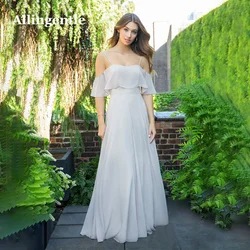 Allingentle Chiffon Grey Bridesmaid Dress Off Shoulder Ruffles Sleeves Floor Length Evening Dress for Party A-Line Maxi Dress