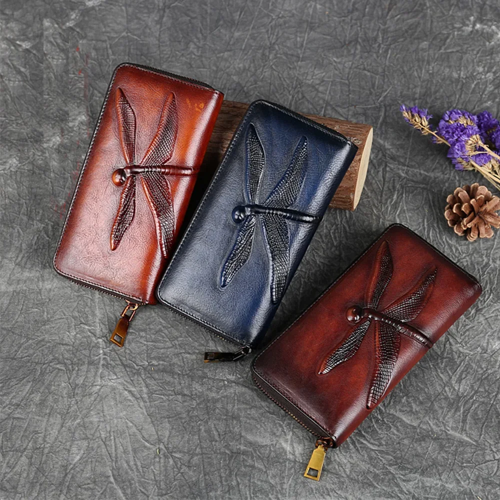 Women Long Wallet Zipper Purse Genuine Leather ID/Credit Card Cash Holder Dragonfly Design Retro Female Cowhide Money Clutch Bag