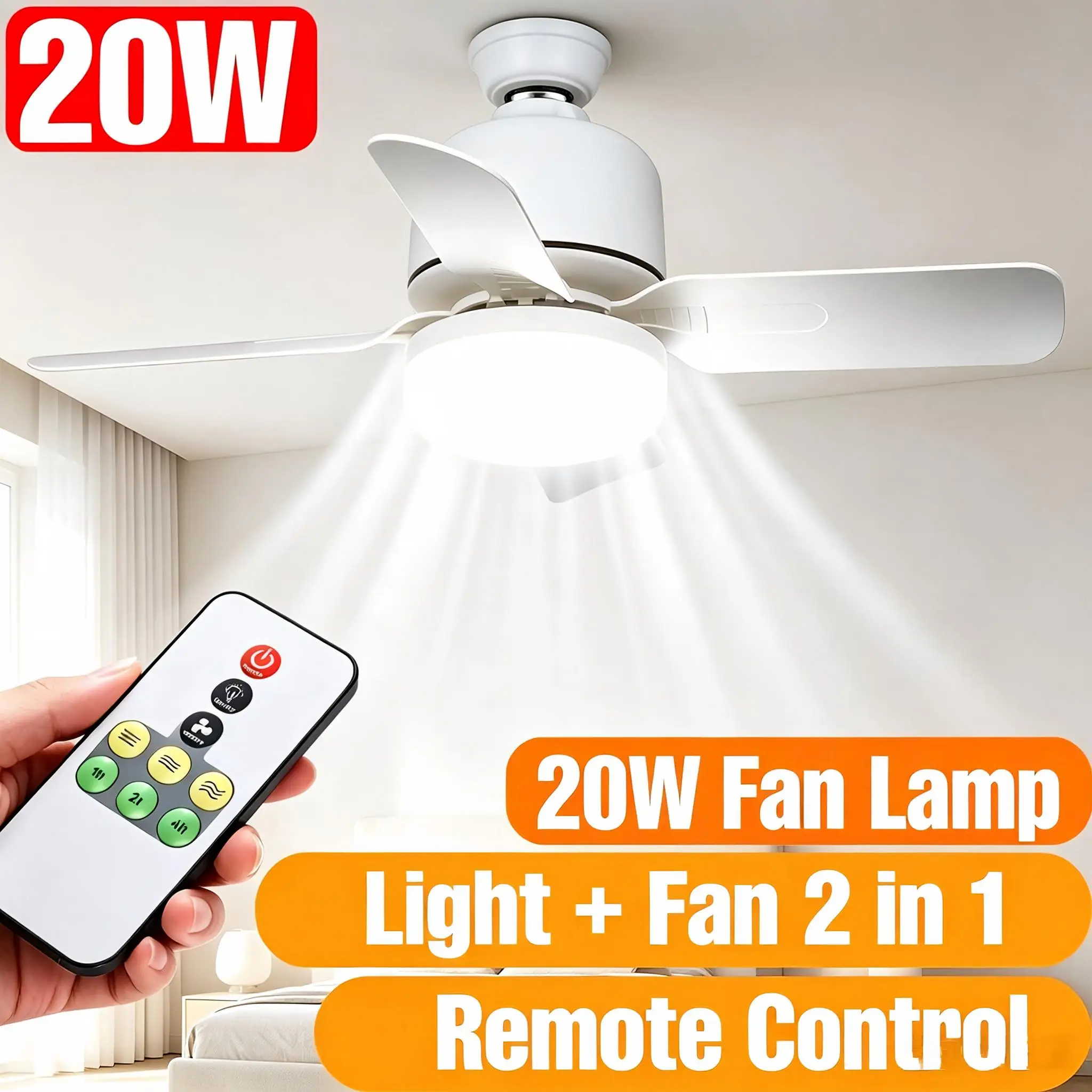 20W LED Fan Light Bulb E27 Remote Timing Auto‑off Adjustable Brightness Wind Speed 2‑in‑1 Fan Lamp For Bedroom Living Room Home