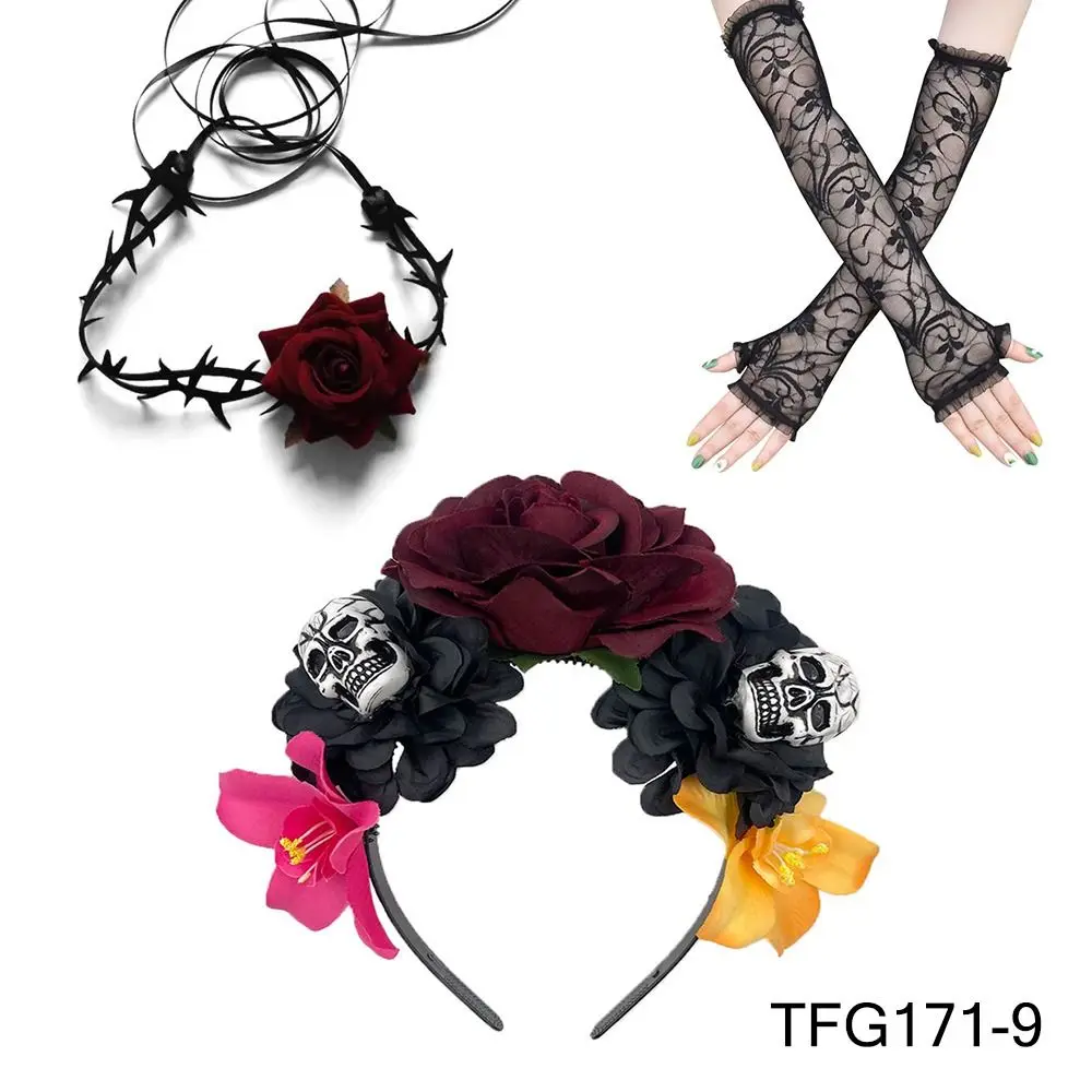 

3-Piece Set Halloween Costume Accessories Novelty Day of The Dead Headpiece Skull Rose Headband