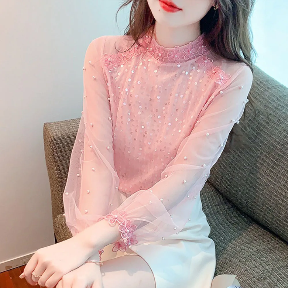 Spring/Summer Beading Chiffon Tops For Women\'s 2024 New Lace Gauze Long Sleeve Sequin Shirt Ladies Beautiful Fashion Slim Blouse