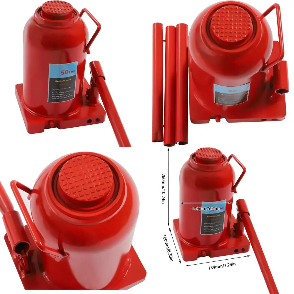 

Red 50-Ton Hydraulic Low Profile Bottle Jack with 3-Section Handle for Vehicle and Industrial Use