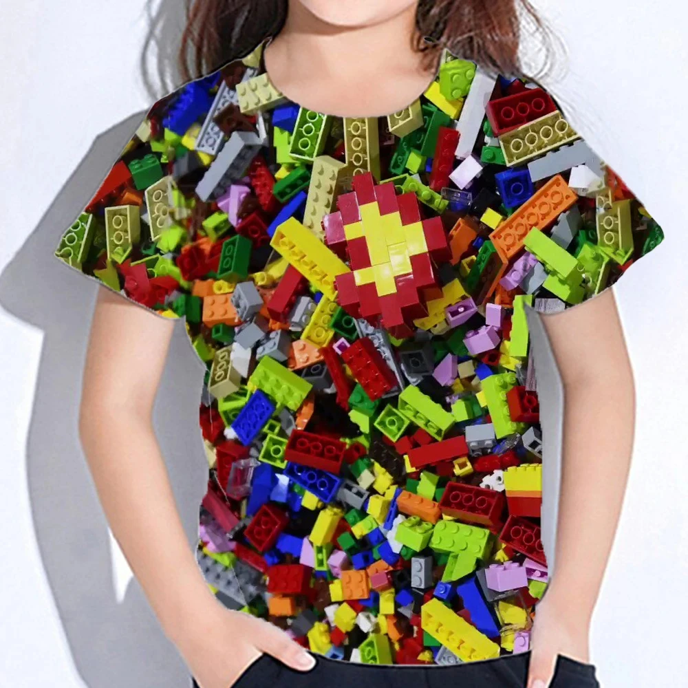 T-Shirts Game Block Patterns 3D Printed Streetwear Boys Girls Fashion Oversized Short Sleeve T Shirt Kids Tees Tops Clothing