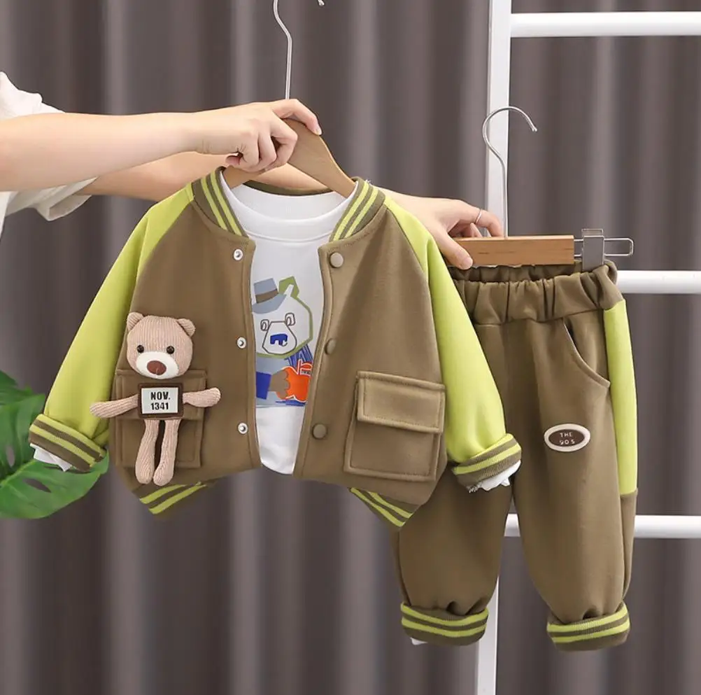 

Children Casual Suits Korean Style Clothes for Baby Boys Sets Cartoon Bear Baseball Uniform Coat+T-shirt+Pants 3Pcs Kids Outfit