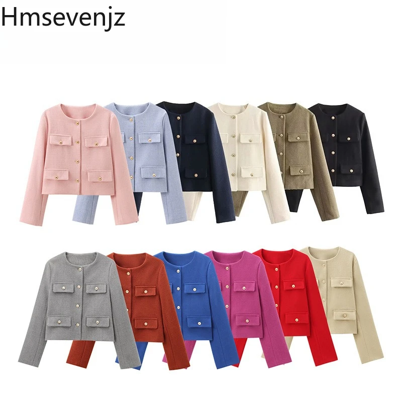 

Hmsevenjz O-neck Long-sleeved Short Jacket for Women's Spring Commuting Style Single Breasted Jacket Fashion Female Clothes