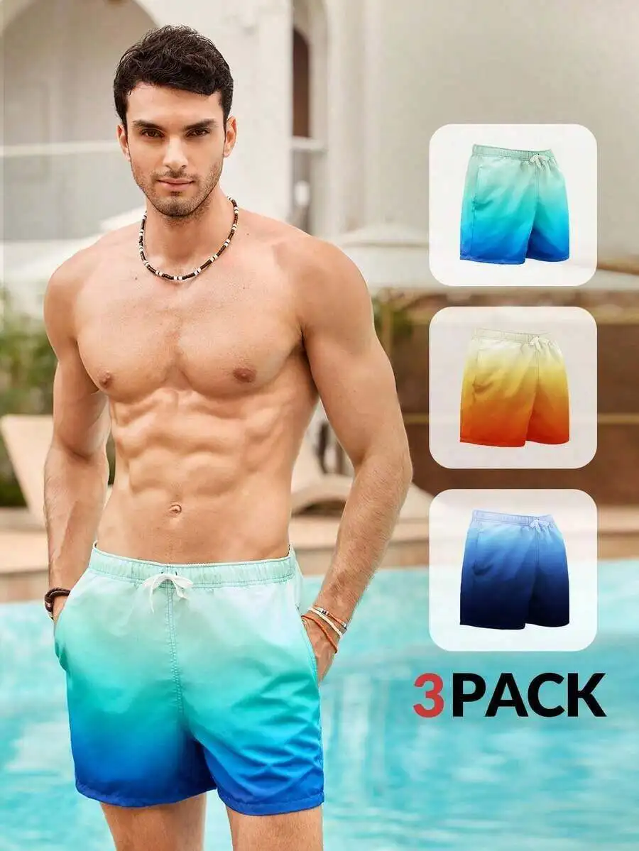

Mens Gradient Beach Vacation Shorts 3 Pack Casual Bermuda Swim Trunks