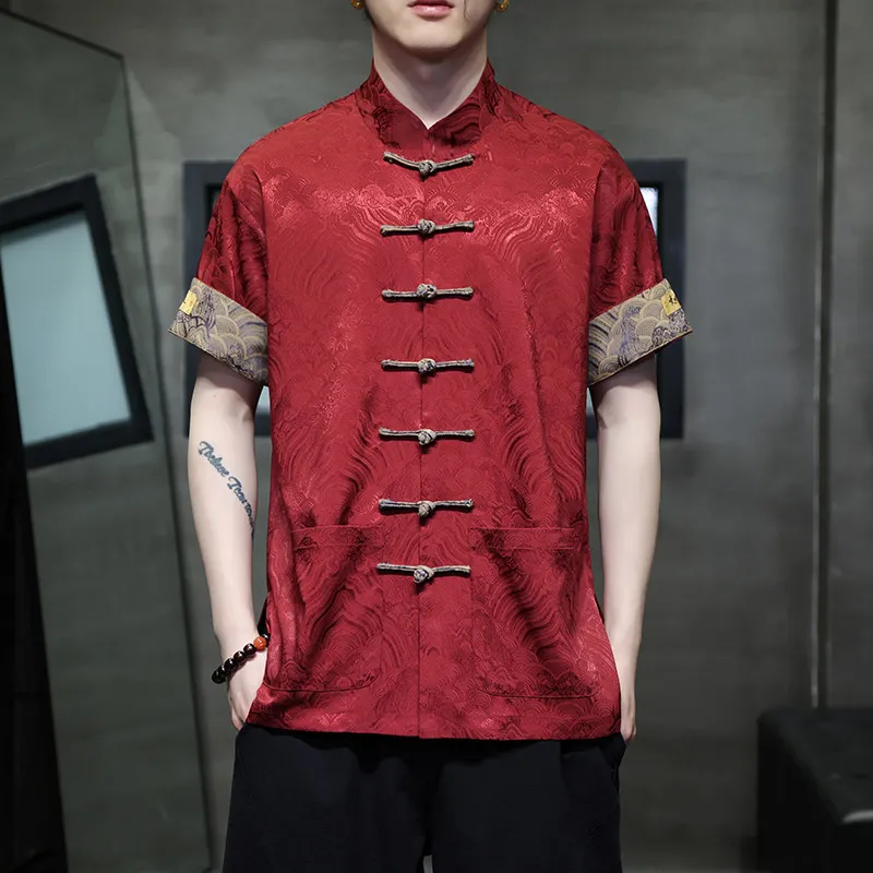 

Ice Silk Short Sleeve Shirt Men's High-End Embroidery Button up Top Summer New Chinese Style Men's Fashion Tang Hanfu Clothing