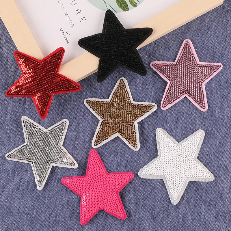 2PCS Sequin Pentagram Iron on Sewing Stickers Gold Silver Red Black Bling Star Embroidered Patches Garment  Backpack Decoration