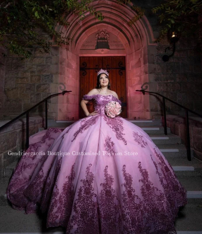 Rosa rosa princesa lindo quinceanera vestidos catedral trem elegante um ombro diamante frisado apliques méxico personalizado