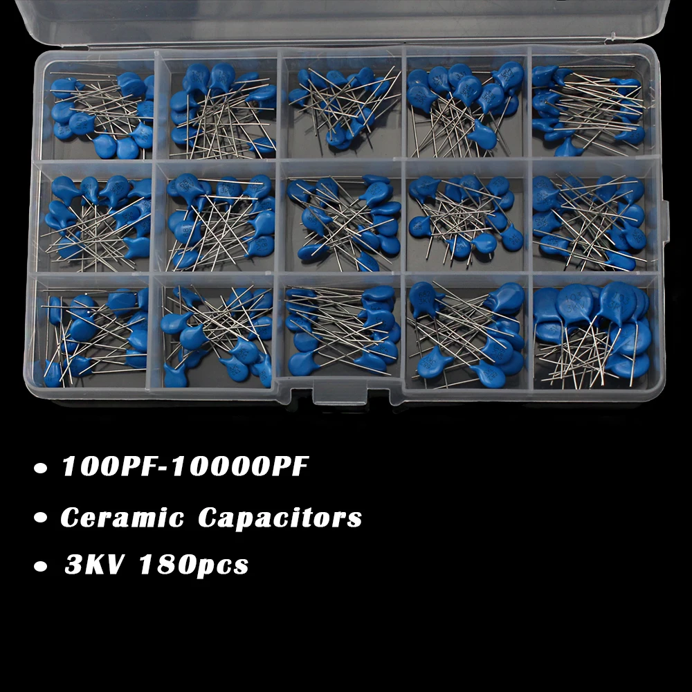 180PCS ตัวเก็บประจุเซรามิก 3KV 15 ค่าแรงดันไฟฟ้าสูง 100PF-10000PF ความจุไฟฟ้าอุตสาหกรรมไฟฟ้าสำหรับโครงการ DIY