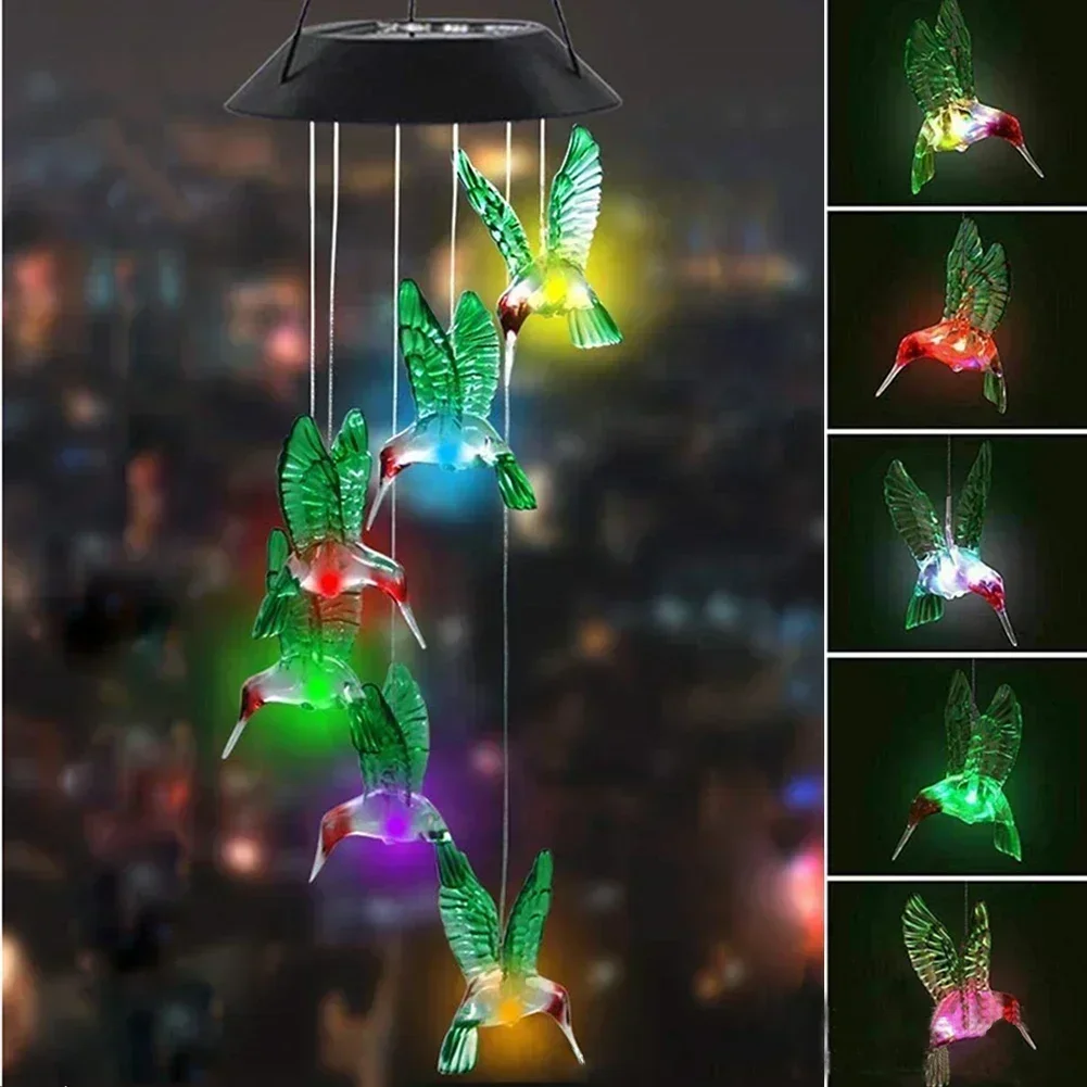 Outdoor Hummingbird Wind Chimes Decorative Hanging Light Owl Faily Light String Solar Charging Waterproof Garden Landscape Light