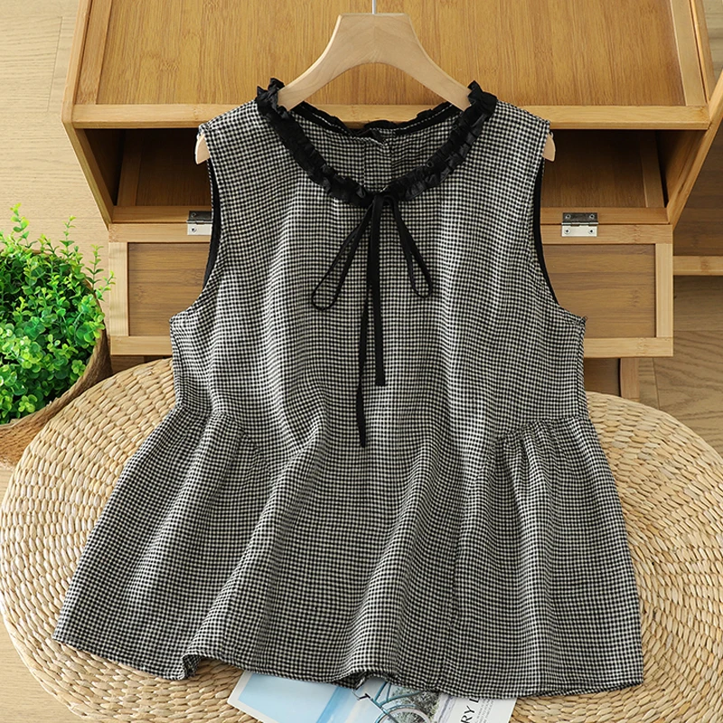 

Summer New Large Size Casual Style Design Lace Collar Tie Sleeveless Top Color Knitted Women's Breathable Thin Shirt