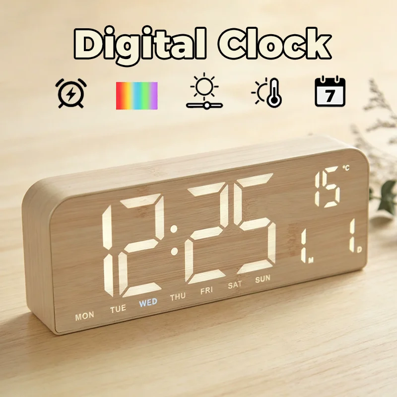 Wooden Digital Alarm Clock with Temperature Date Week Dual Alarm LED Desk Clocks for Office Bedside Clock Hanging Standing