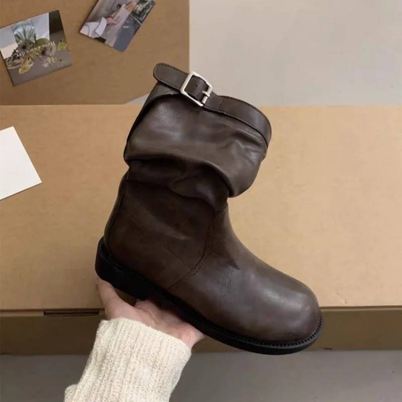 Autumn New Women's Knight Mid-calf Boots Fashion Trend Buckle Thick Bottom Short Boots Non Slip Comfortable Women Leather Shoes