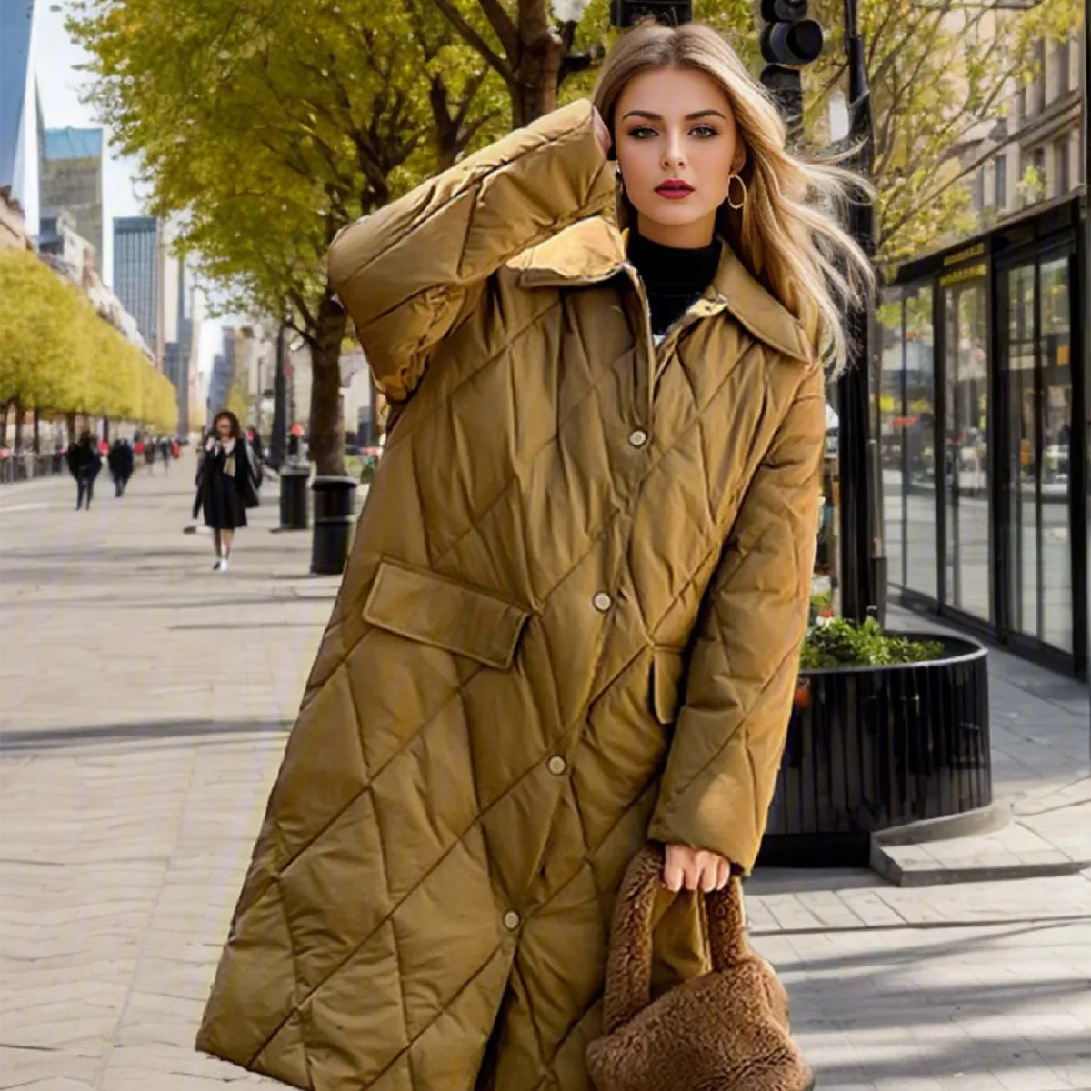 2024 Winter Women\'s Long Cotton Jacket Female Knitted Hooded Pure Color 2 Pocket Parkas Coats Women\'s Diamond Grid Jackets