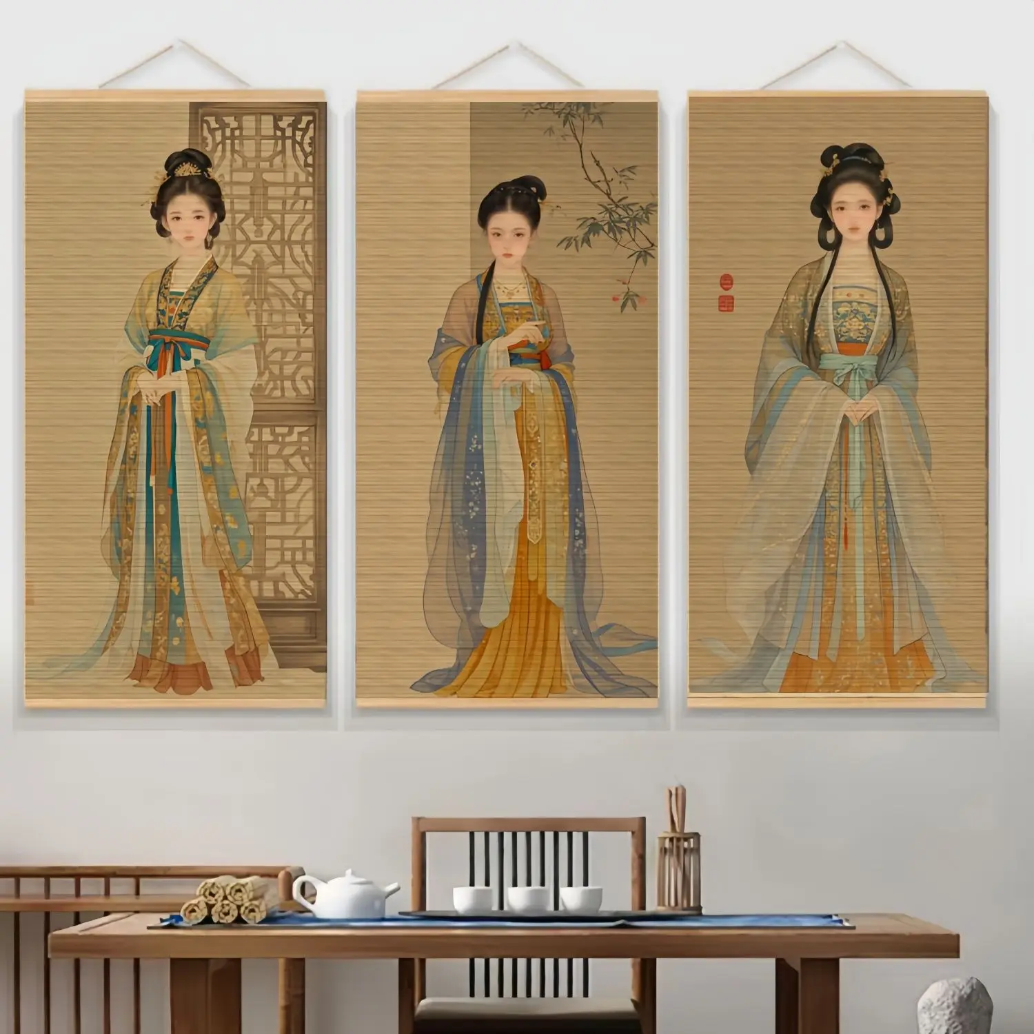 Wall Art Tang Dynasty Lady Bamboo Scroll Painting Wabi Sabi Earthy Beige for Ryokan Hot Spring Resort Healing Space Tea Ceremony