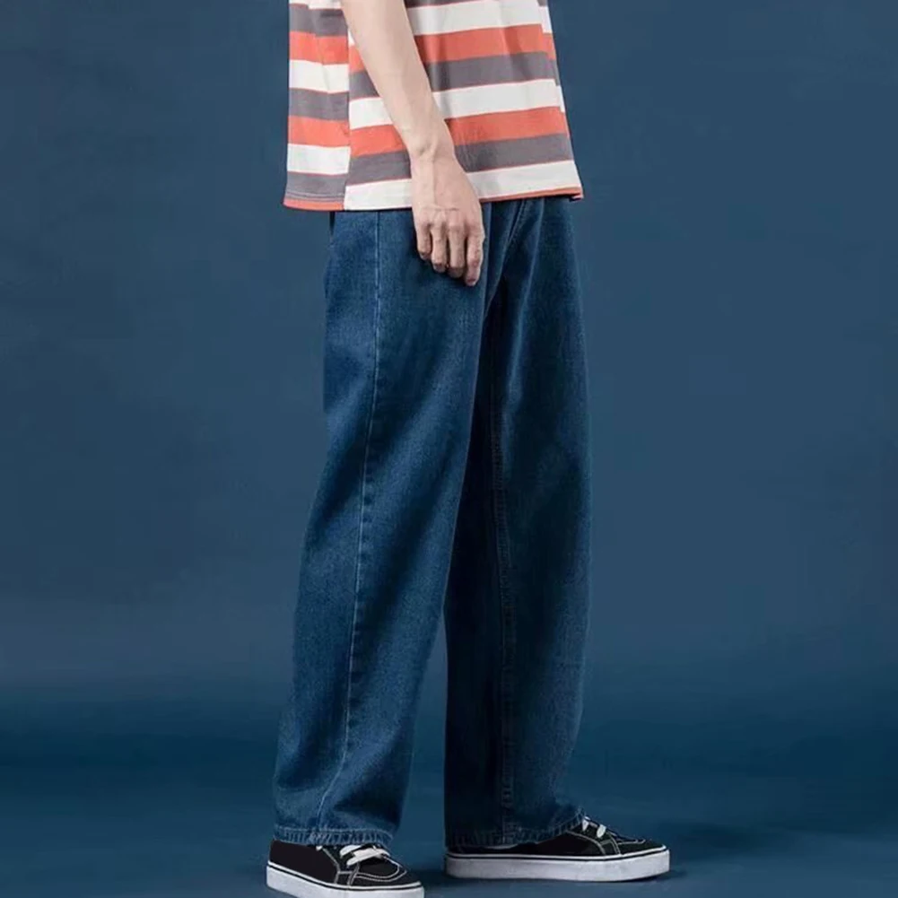 Celana lurus longgar pria, bawahan jins warna polos, pakaian jalanan Hip Hop musim panas