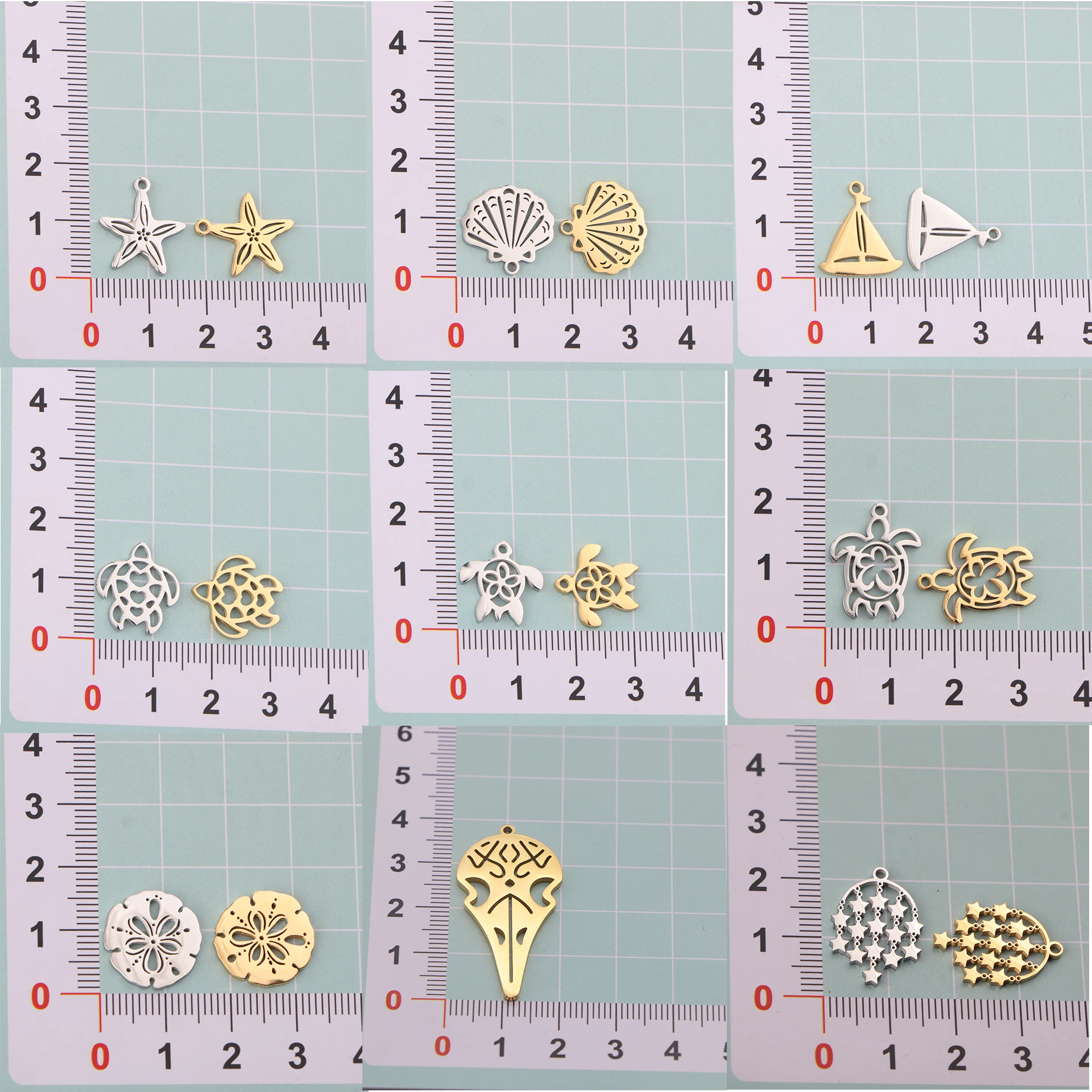 10pcs/lot Mirror Polished Stainless Steel Turtle Starfish Shell Sailboat Tortoise Star Charms Pendants for DIY Jewelry Making