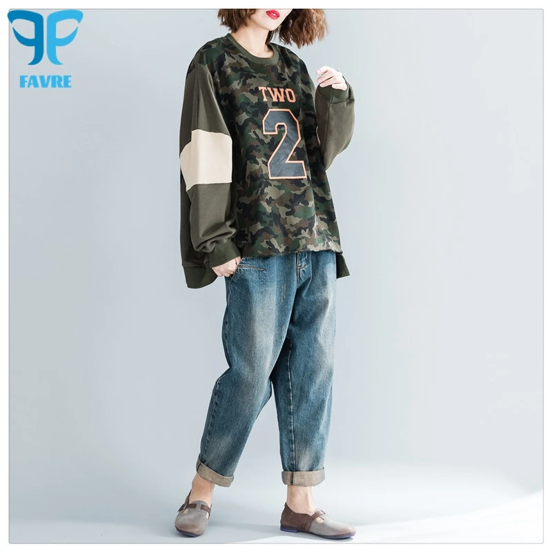 

FAVRE Print Camouflage Sweatshirts Loose Women Patchwork Hoodies Literary Spring Autumn Casual Ins Korean Stylish Y2K Pullovers