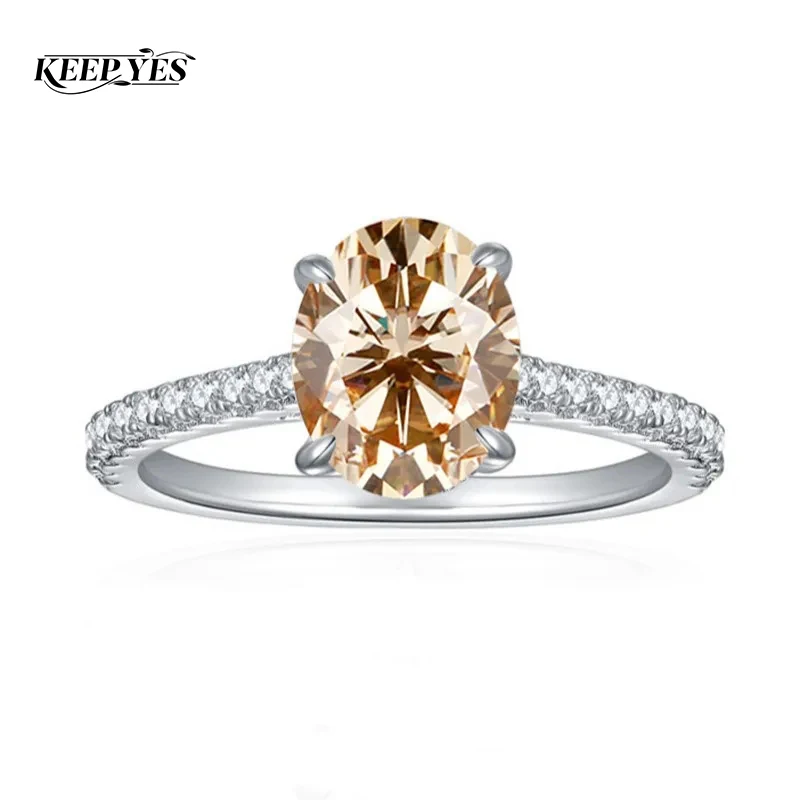 KEEP YES 2ct Oval Cut Moissanite Champagne Diamond Ring for Women 7*9mm 925 Sterling Silver Engagement Wedding Ring with GRA